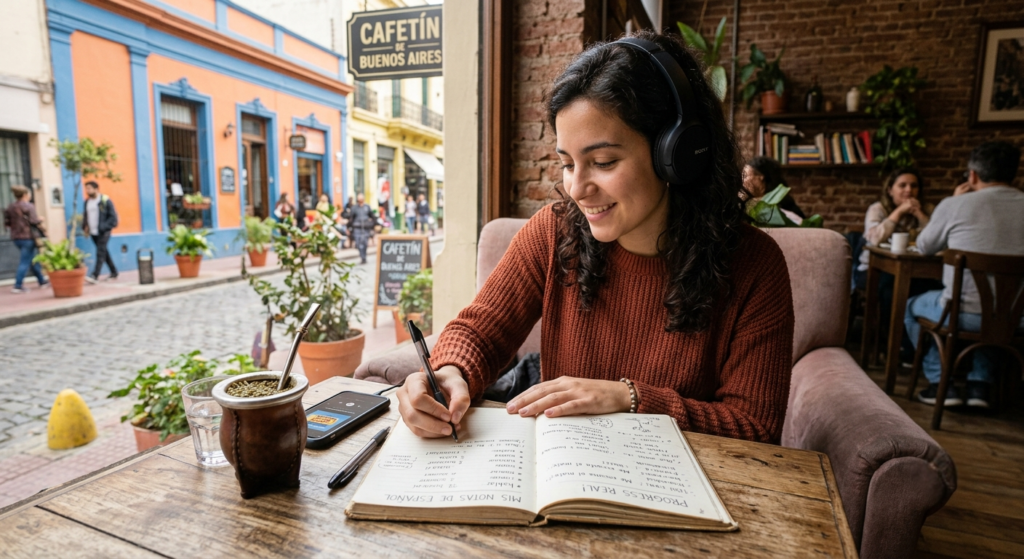 studente che ascolta un podcast in spagnolo