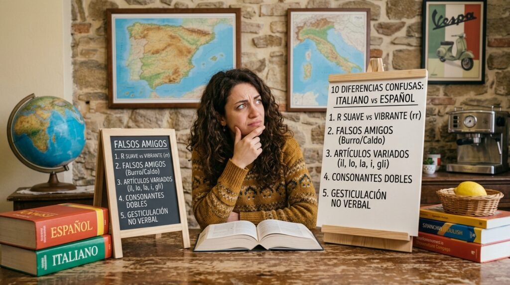 persona confundida gesticulando mientras aprende las diferencias entre español e italiano