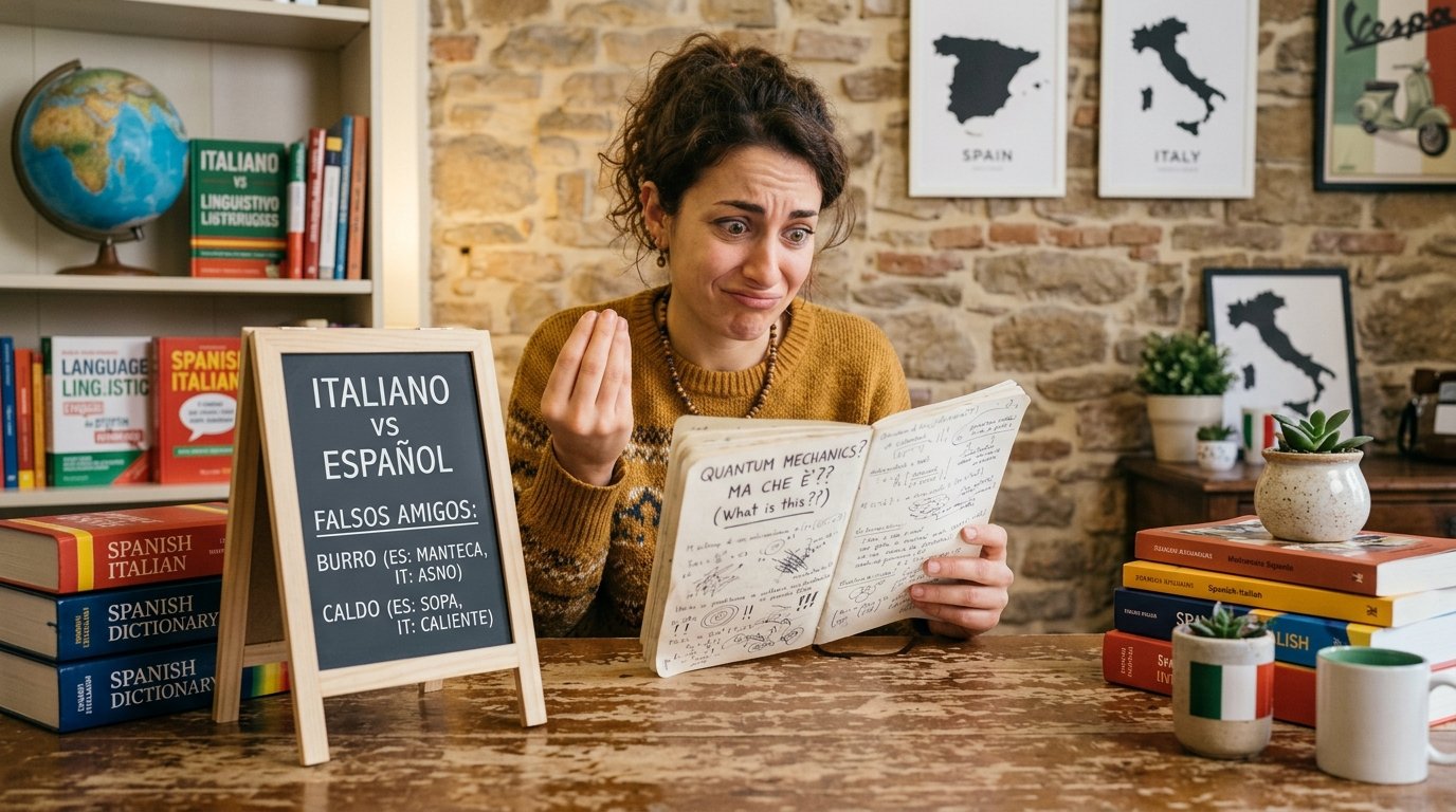 persona confundida gesticulando mientras aprende las diferencias entre español e italiano